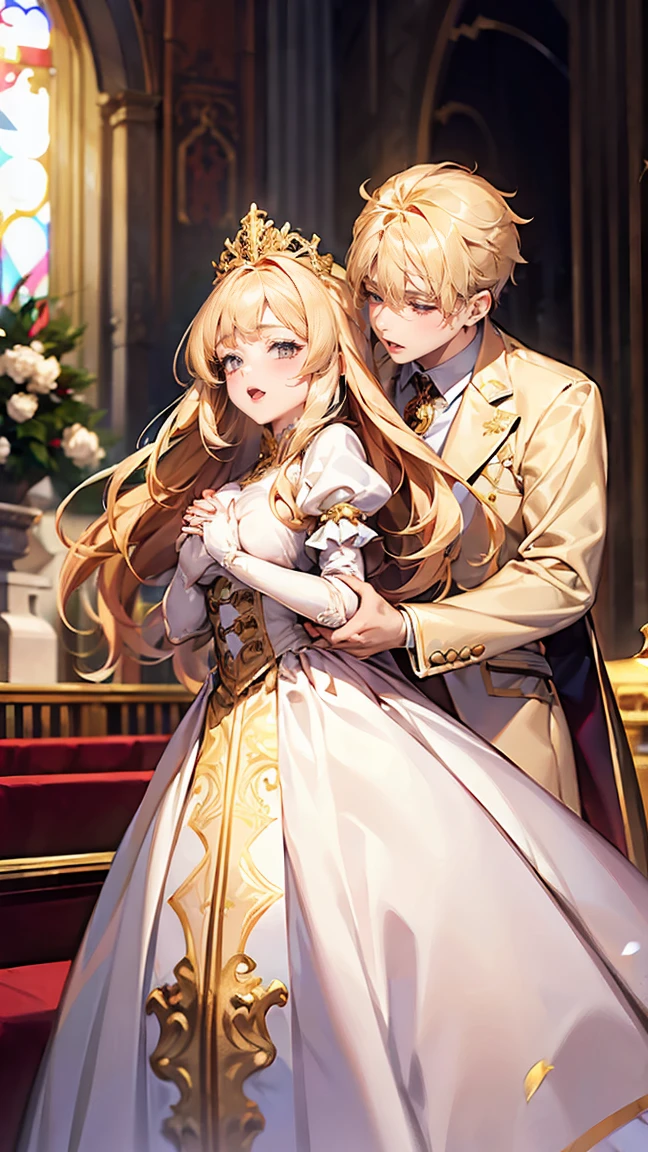 In front of the majestic church altar、（Blurred Background）、Bright light、golden long hair girl、classic white wedding dress、（Elegant luster）、（Lots of races）、Lots of ribbons、((Voluminous puff sleeves))、Long cuffs with lots of buttons、Gold embroidery、Long train、White embroidered gloves、Five Fingers、(Sexual climax), Redness on the cheeks, ((1 boy, A boy is grabbing a girl&#39;s breasts from behind:1.6)), (Raise the hand:1.4)