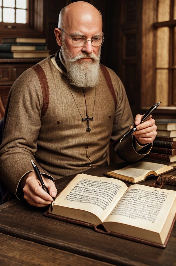 Lumières d&#39;un penseur scolastique médiéval, Baldie (de), avec barbe blanche, livre et stylo, Photographie réaliste