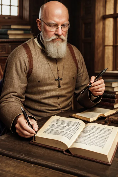 Enlightenment of a medieval scholastic thinker, baldie, with white beard, book and writing pen, photography realistic