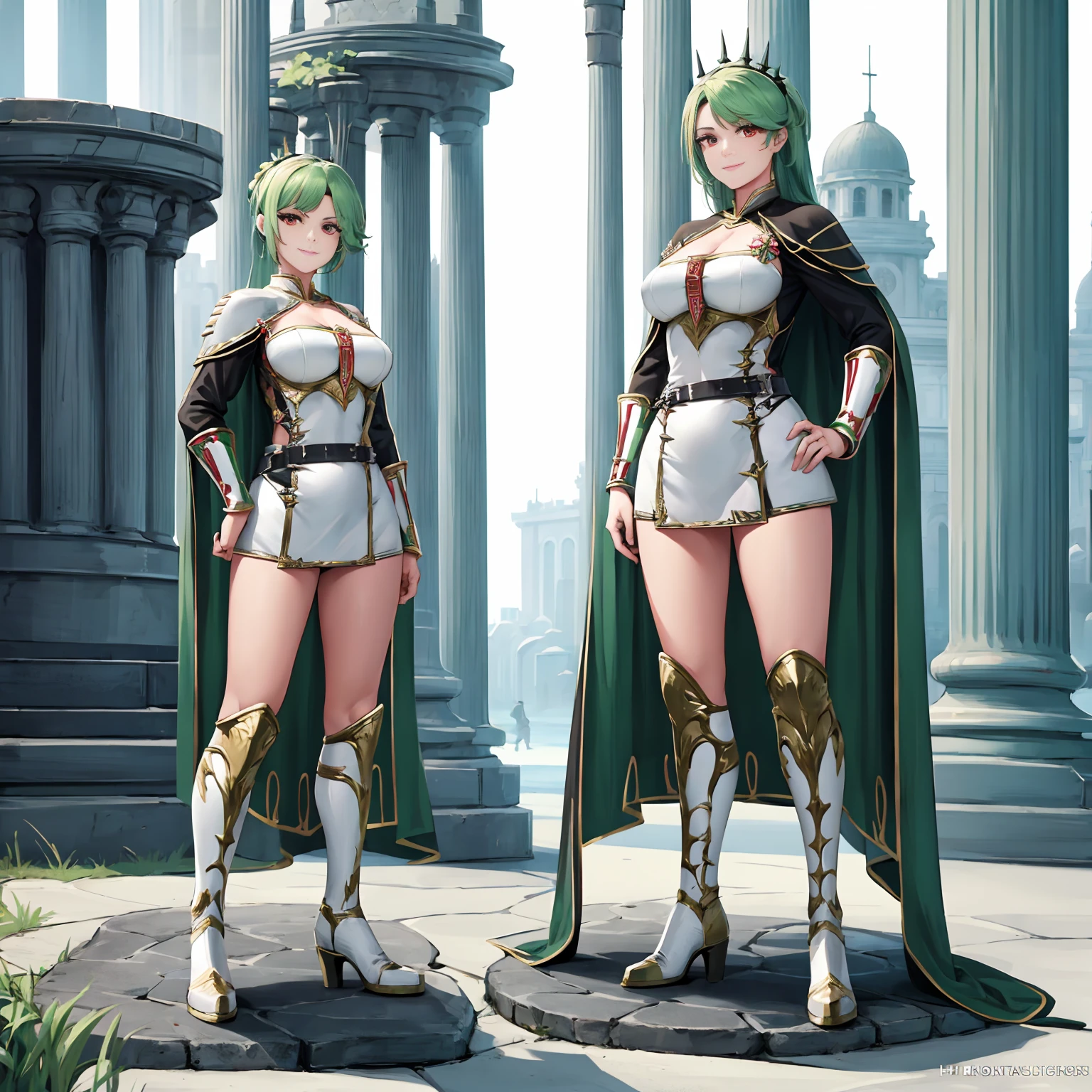 (((corpo todo photo))) Uma mulher vestindo armadura Lorica segmentata, couraça de armadura de placas, saia verde curta, botas metálicas, Elmo de centurião romano, Cabelo verde comprido, olhos vermelhos, sorridente, em pé em uma plataforma de templo romano de concreto em fundo branco,corpo todo,(mulher solo)ultra resolução, Muito detalhado, HDR, obra de arte, 8k hd
