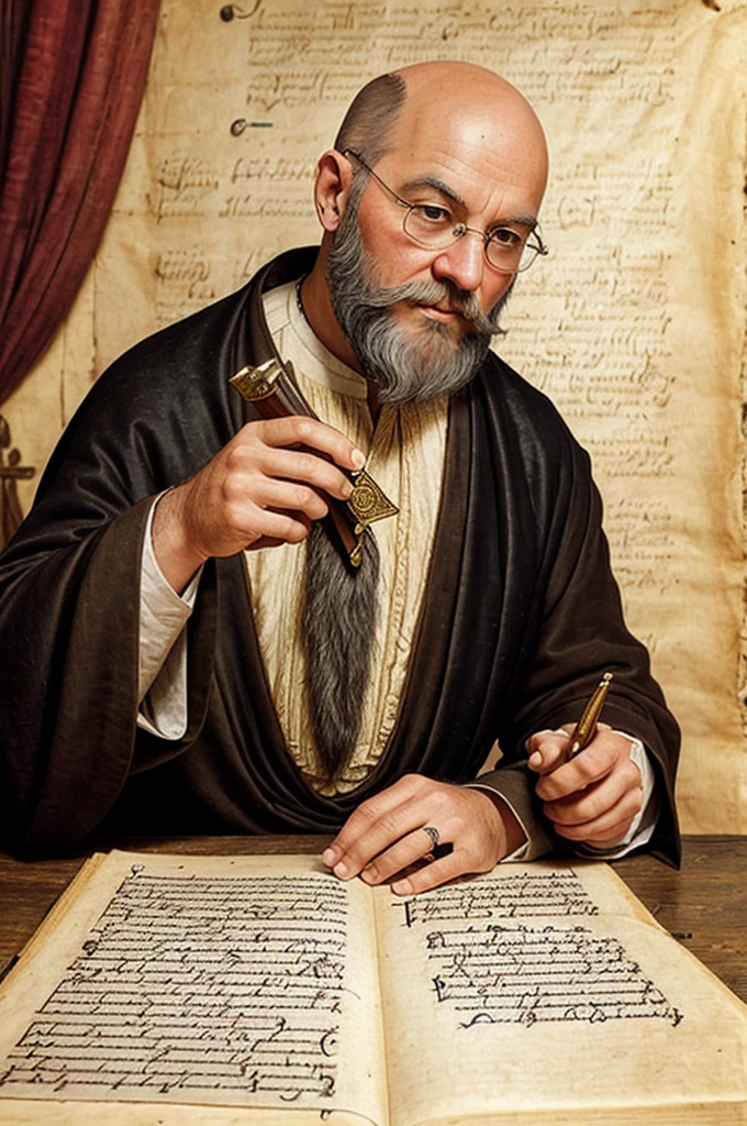 Enlightenment of a medieval scholastic thinker, baldie, with white beard, writing with a quill on parchment, medieval style, realisitic, best qualityer