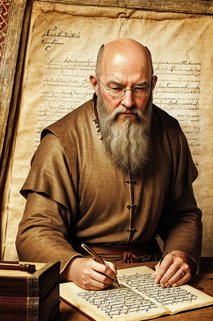 Lumières d&#39;un penseur scolastique médiéval, Baldie (de), avec barbe blanche, écrire avec une plume sur du parchemin, style médiéval, réaliste, meilleure qualité