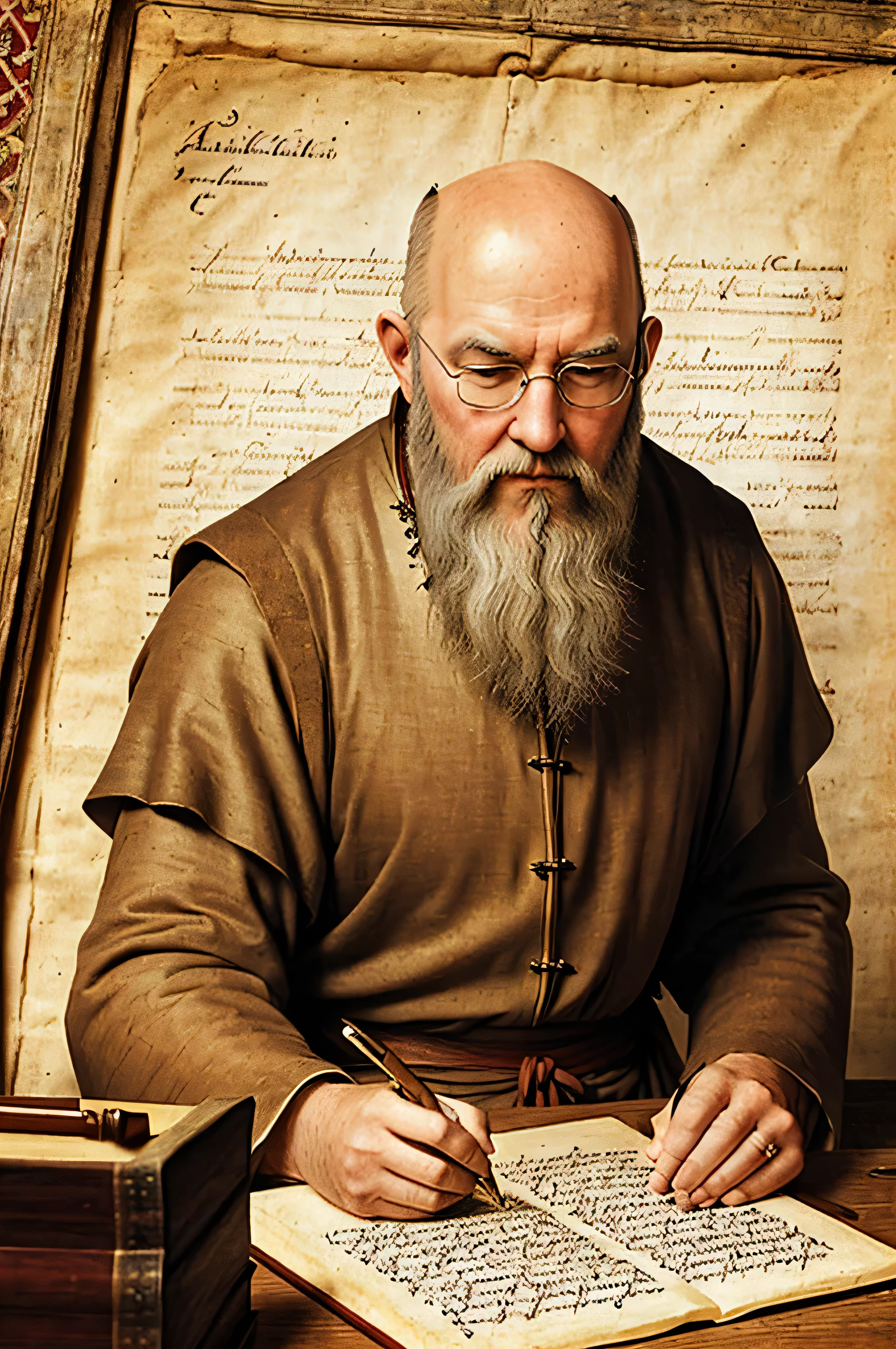 Enlightenment of a medieval scholastic thinker, baldie, with white beard, writing with a quill on parchment, medieval style, realisitic, best qualityer