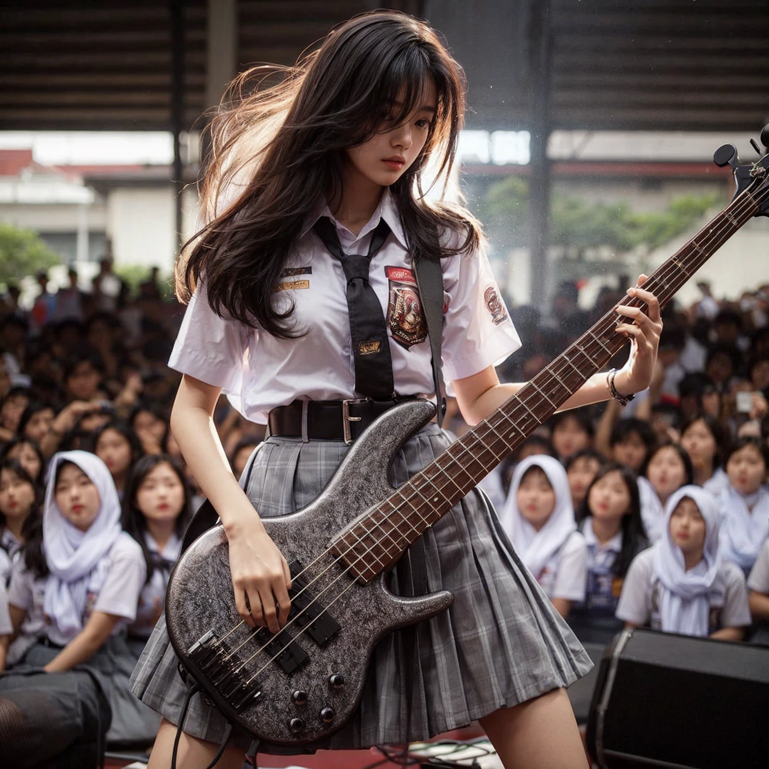 Here is the translation to English:

"A beautiful Korean girl, 18 years old, tall, fair-skinned, medium breasts, playing bass guitar, performing on a high school stage in Surabaya city, many school children watching, wearing a high , white shirt, belt, and gray skirt, jumping around, headbanging, masterpiece, realistic image, HD, 4k, detailed face, detailed eyes, messy hairstyle"