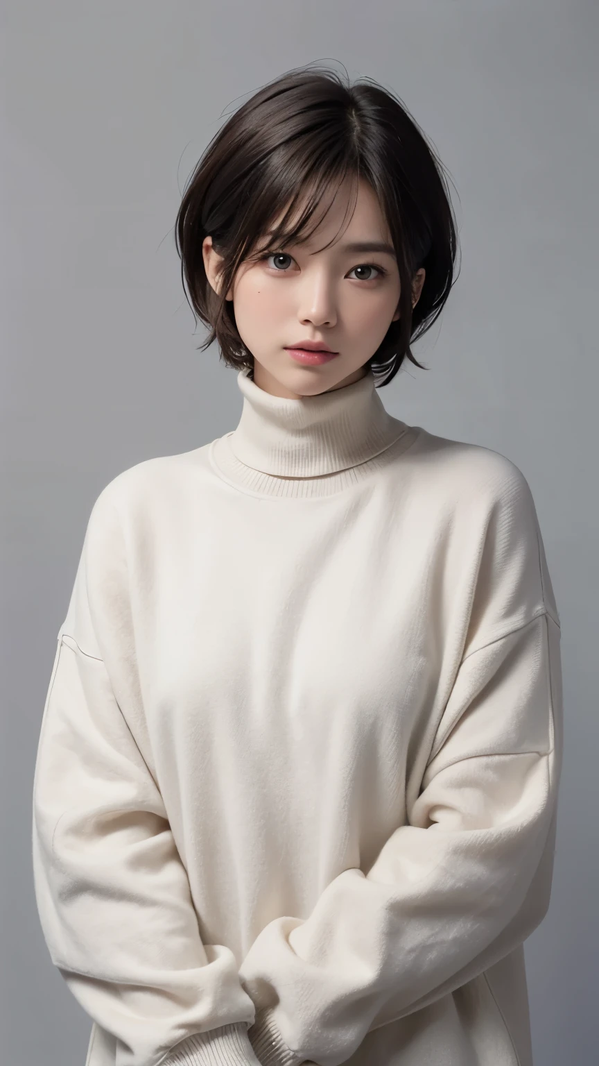 ((Highest quality、8K、masterpiece:1.3))、Sharp focus:1.2、Perfect beauty:1.4、Winters:1.2、((Creative Hair:1.8))、(short hair:1.8)、(Modern Style:1.2)、High resolution face and skin textures、I narrowed my eyes.、double eyelid、Dark Hair、winter outside background、Look Away、Design Hair、Oversized sweatshirt、（Dim lighting:1.8）、Cowboy Shot、It looks cold、（Works like a single page of VOGE:1.8)、Hair blowing in the strong wind、Natural Makeup、（whitish bleached hair:1.5）、Nostalgic depiction、（Light bangs:1.7）、turtleneck、（1 Female:1.5）、grey、Side Shot、I haven&#39;t seen this、