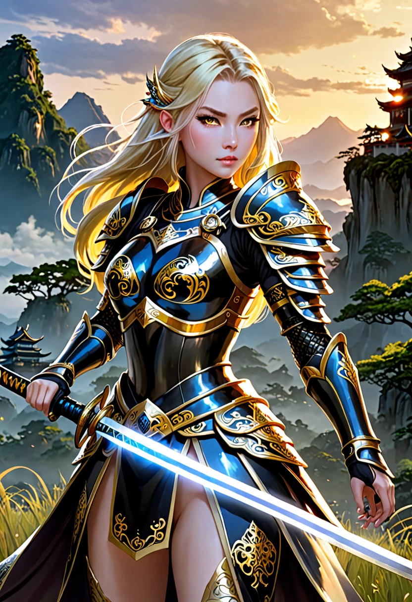 a princess with black and gold sumai armor, shougan armor, holding a long katana, glassy glowing eyes, blonde long hair, fighting with many monsters, epic, landscape view