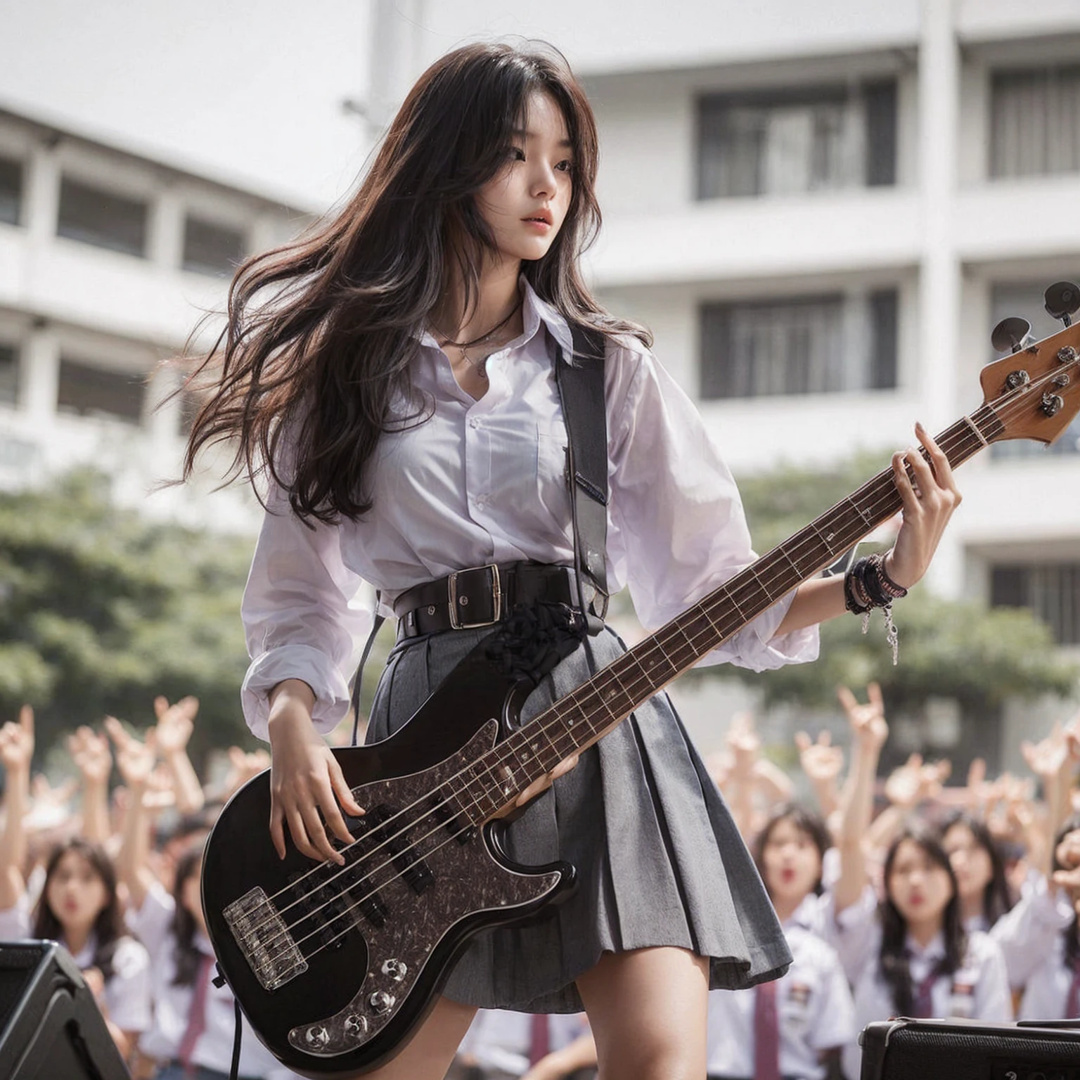นี่คือคำแปลเป็นภาษาอังกฤษ:

"สาวเกาหลีที่สวยงาม, อายุ 18 ปี, สูง, ผิวขาว, หน้าอกปานกลาง, กำลังเล่นกีตาร์เบส, การแสดงบนเวทีโรงเรียนมัธยมในเมืองสุราบายา, เด็กนักเรียนหลายคนกำลังดูอยู่, สวมชุดสูง , เสื้อเชิ้ตสีขาว, เข็มขัด, และกระโปรงสีเทา, กระโดดไปมา, ปวดหัว, ผลงานชิ้นเอก, ภาพที่สมจริง, เอชดี, 4เค, ใบหน้าที่มีรายละเอียด, ดวงตาที่มีรายละเอียด, ทรงผมยุ่ง"