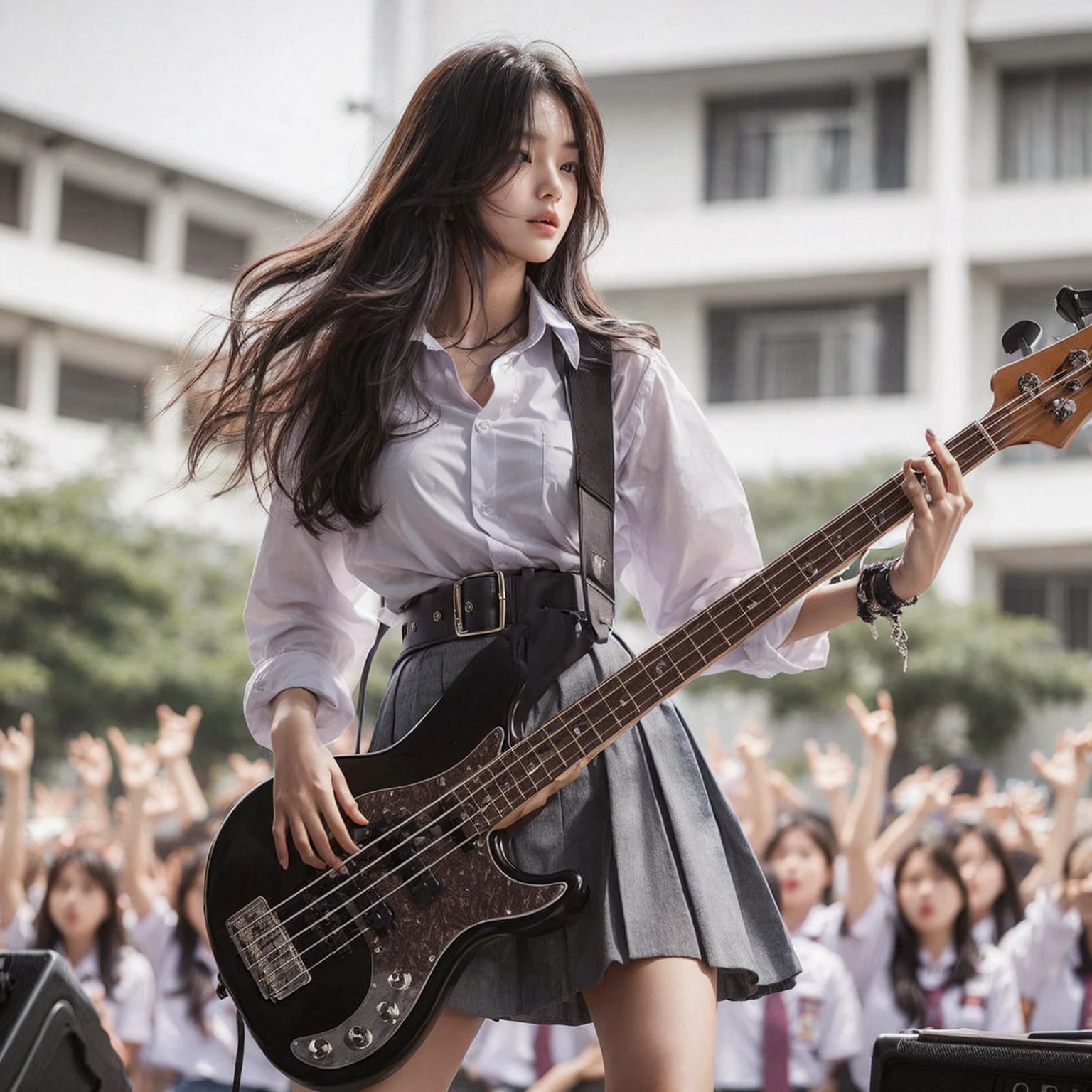 Here is the translation to English:

"A beautiful Korean girl, 18 years old, tall, fair-skinned, medium breasts, playing bass guitar, performing on a high school stage in Surabaya city, many school children watching, wearing a high , white shirt, belt, and gray skirt, jumping around, headbanging, masterpiece, realistic image, HD, 4k, detailed face, detailed eyes, messy hairstyle"