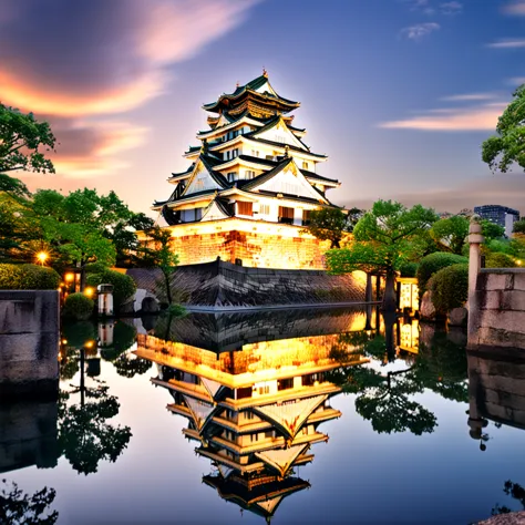 osaka castle, evening, 8k, masterpiece, very detailed, highest quality