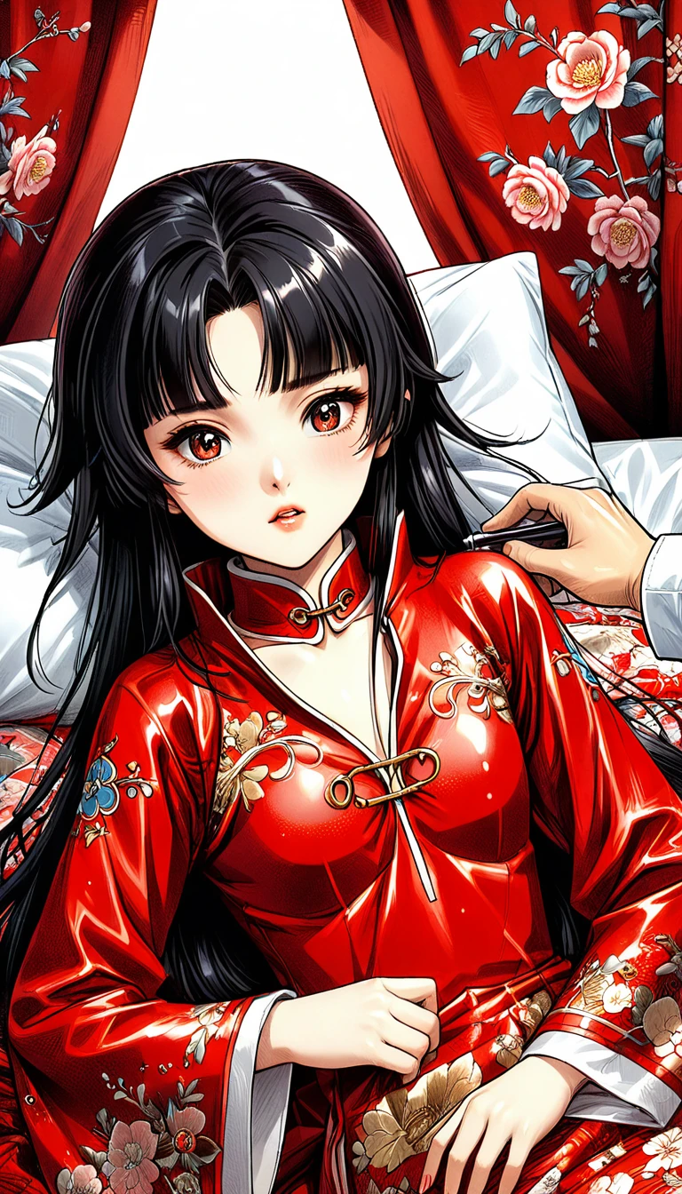 A tragic historical drama in 8k live-action style: Beautiful palace secrets　A beautiful 10-year-old Chinese Kung Fu princess with long black hair is being examined by a doctor　Gorgeous embroidery, Ultra glossy, She is wearing a shiny red top and bottom long sleeve floral pajama kung fu suit....　　She lies on a floral duvet and shows her pussy to the doctor