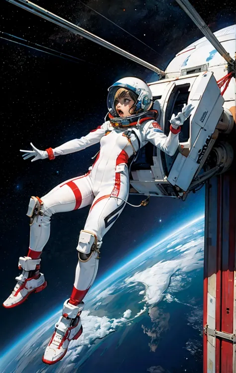 Teen,Small breasts,Spacesuit:orange_clothing_body:Jumpsuit),white_gloves, white_Space shoes, white_Helmet, the CCCP 赤 letters on...