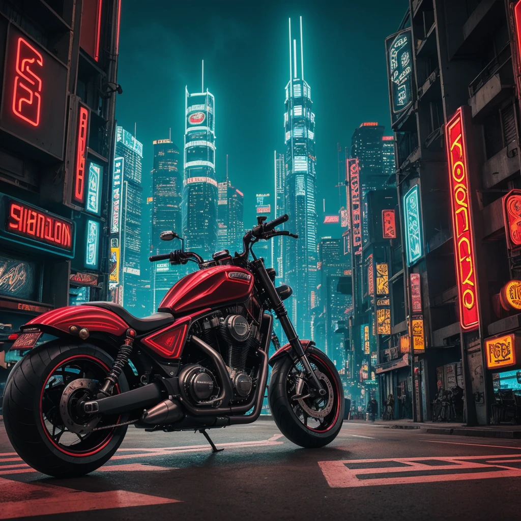 Uma motocicleta retrotech cyberpunk, estrutura elegante com engrenagens expostas e circuitos iluminados por neon, design retro-futurista que combina elementos de motocicletas vintage com tecnologia futurista, displays de guidão e velocímetro holográfico, em um cenário urbano sombrio de arranha-céus imponentes e letreiros de néon, Atmosfera de nostalgia de alta tecnologia, energia rebelde, e o choque entre o charme do velho mundo e a tecnologia de ponta, Estilo de arte com sombreamento de células, contornos arrojados e áreas de cores planas com vibrantes, tons contrastantes para enfatizar a estética retro-futurista, ilustração digital com limpeza, bordas nítidas e sombreamento estilizado