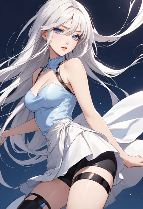 a pretty woman, she has long white hair, and her eyes are blue, Wearing a short dress with thigh straps. Manhwa style.