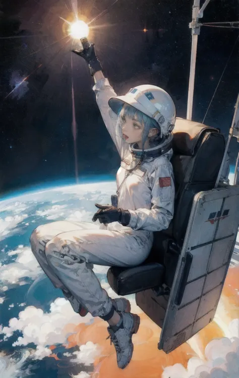 Teen,Small breasts,Spacesuit:orange_clothing_body:Jumpsuit),white_gloves, white_Space shoes, white_Helmet, the CCCP 赤 letters on...