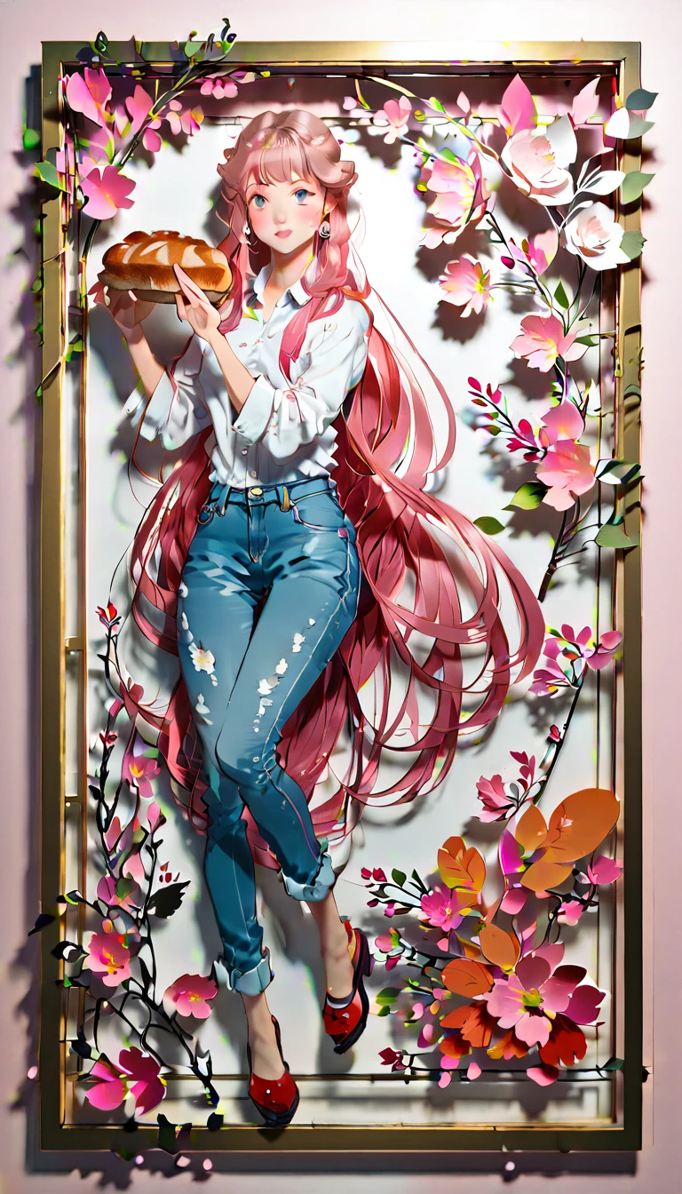 (((paper cutting style))), (frame of illustration is 3D paper cutting: 1.2), (denim and shirts), (pink long hair), (random angle), (random pose), 1 girl, bread