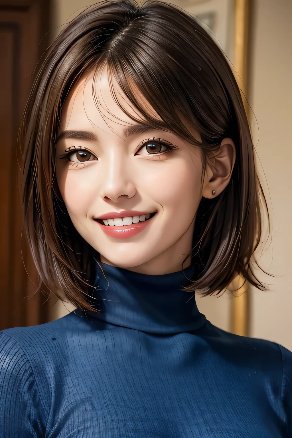 ((masterpiece)), ((Highest quality)), ((Complex)), ((Surreal)), (Realistic), (Mature Woman), ((No classes)), Very detailed, (1 female), Beautiful and exquisite, (Beautiful Teeth), Grin, Brunette Bob Hair, Brown eyes, ((Blue turtleneck)), (Upper Body), (background:Urban area), (backgroundぼかし), Perfect Eyes, Captivating eyes, Looking at the audience