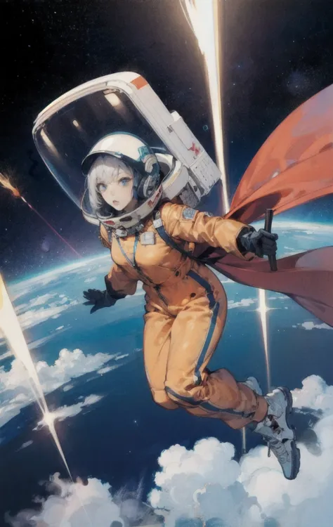 Teen,Small breasts,Spacesuit:orange_clothing_body:Jumpsuit),white_gloves, white_Space shoes, white_Helmet, the CCCP 赤 letters on...