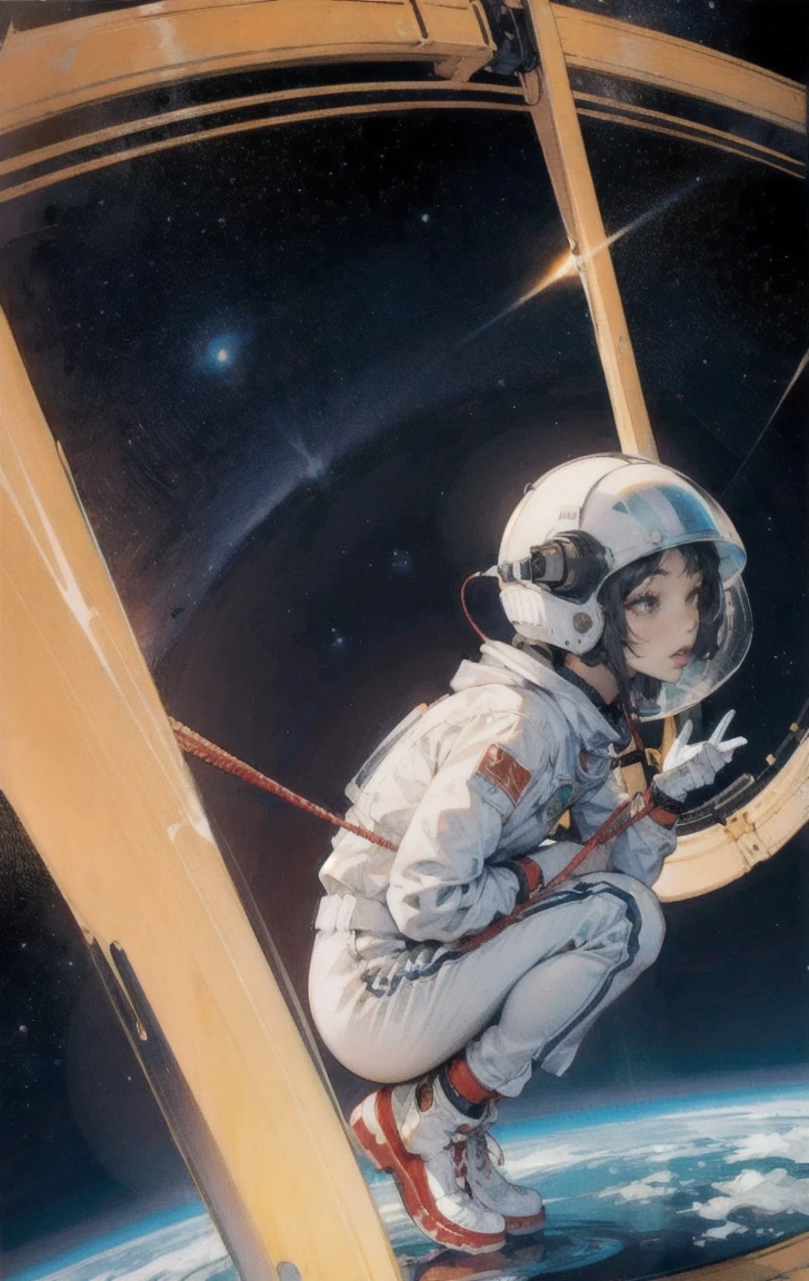 Teen,Small breasts,Spacesuit:orange_clothing_body:Jumpsuit),white_gloves, white_Space shoes, white_Helmet, the CCCP 赤 letters on the top of Helmet, no gravity, Side light, reflection, The person wearing the spacesuit is in the bottom left of the frame., Extending the right hand, My right hand gently touches the Salyut space station.), Space station in the top right of the screen, Reflection from the sun, silver metal,Red Flag, Shine,Soviet style, diffuse reflection, Metallic texture, The view is of the blue earth,mecha style,Sea of stars,Treble, growing up、Ukiyo-e style background、、bondage、Female orgasm、she&#39;Reach orgasm and be incontinent.Crouching posture、Work in space、Welding or working with power tools、Costumes that dig into the crotch、Pee、Be incontinent、Thick body fluids、squat、Spread your legs、Crouching posture