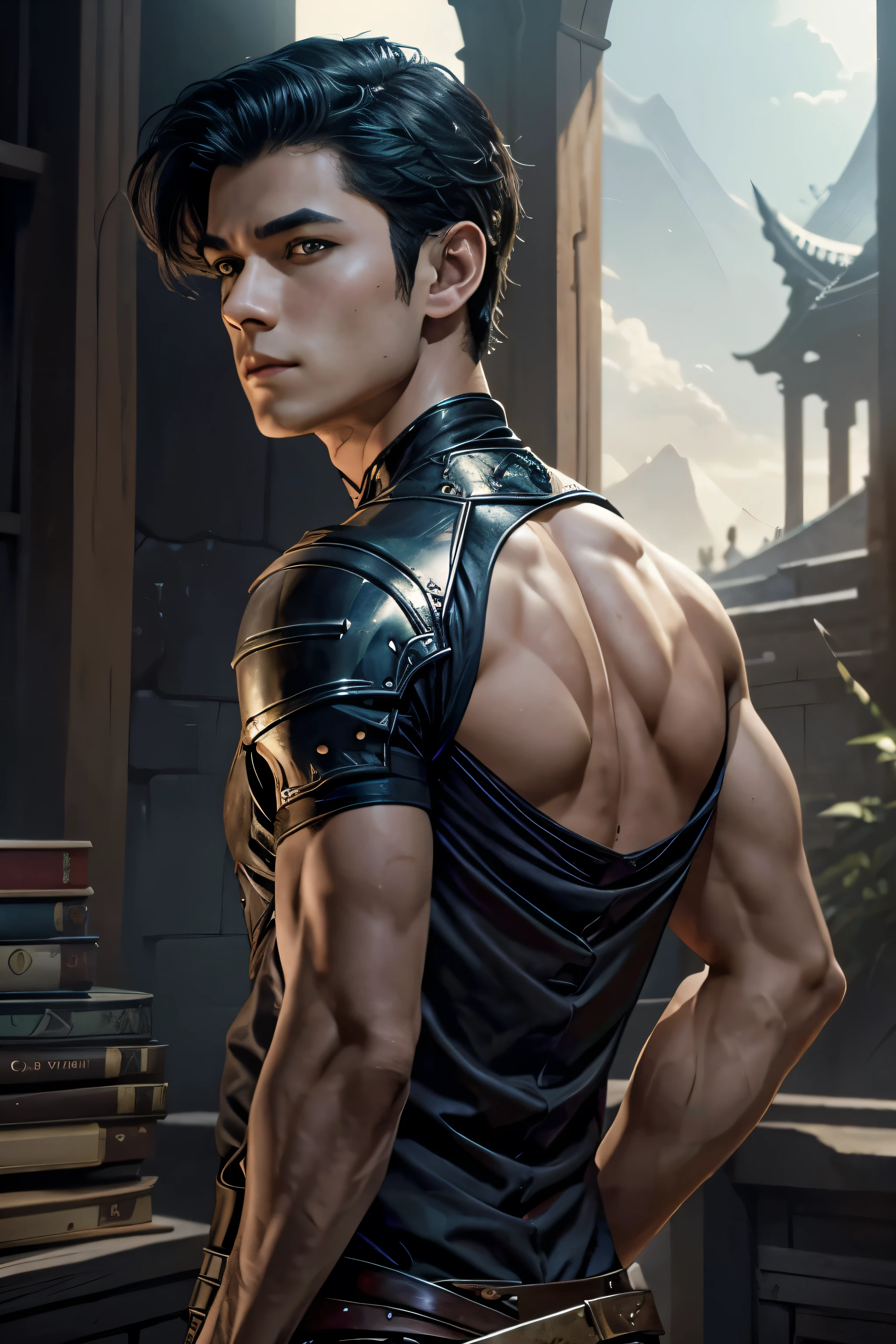 １Arafed image of a boy holding a book Japanese sword, Super handsome boy,Black eyes,Black hair short bob hair,black and red demon slayer,graphic artist magali villeneuve, epic fantasy digital art style, inspired by Magali Villeneuve, Trending in art stations, fantasy demon slayer, 超A high resolution,super realistic skin,epic fantasy style art, magali villeneuve, fantasy paladin, magali villeneuve, epic fantasy art style, fantasy art ruins,Battle scenery,battle field,Rugged look,direct one&#39;s gaze toward the viewer,