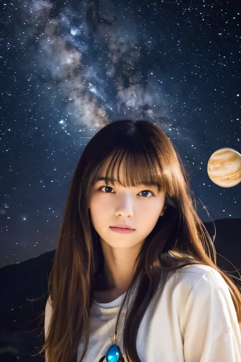 high quality, 最high quality, Tabletop, Detailed portrait of a woman 1 Girl, 14歳, Long Hair, (floating, space, milky way, colorfu...