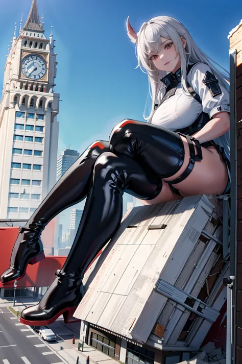 Building, giantess art, a hyperrealistic , highly detailed giantess shot, white hair, red eyes, giantess wearing black latex pan...