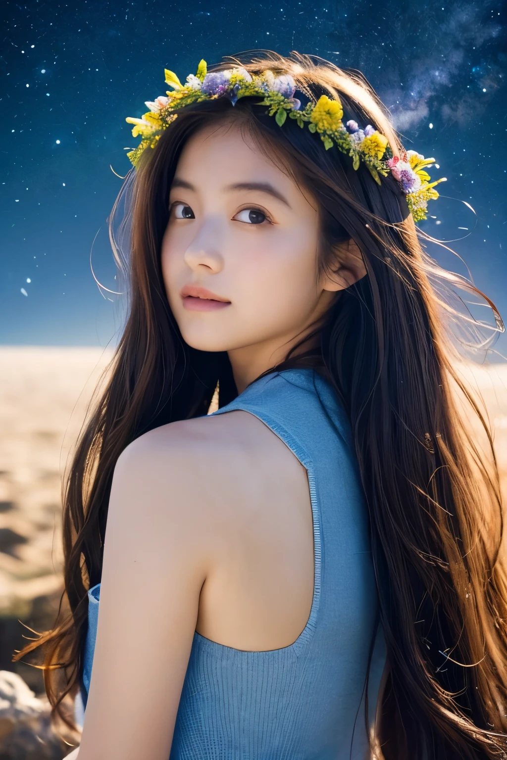 high quality, 最high quality, Tabletop, Detailed portrait of a woman 1 Girl, 14歳, Long Hair, (floating, space, milky way, colorful), Warm lighting, goddess, milky way, scenery, colorful hair wreath, {{{最high quality}}}, {{Very detailed}}, {shape}, Movie angle, {Detailed light},Cinema Lighting, Celestial, Dynamic pose