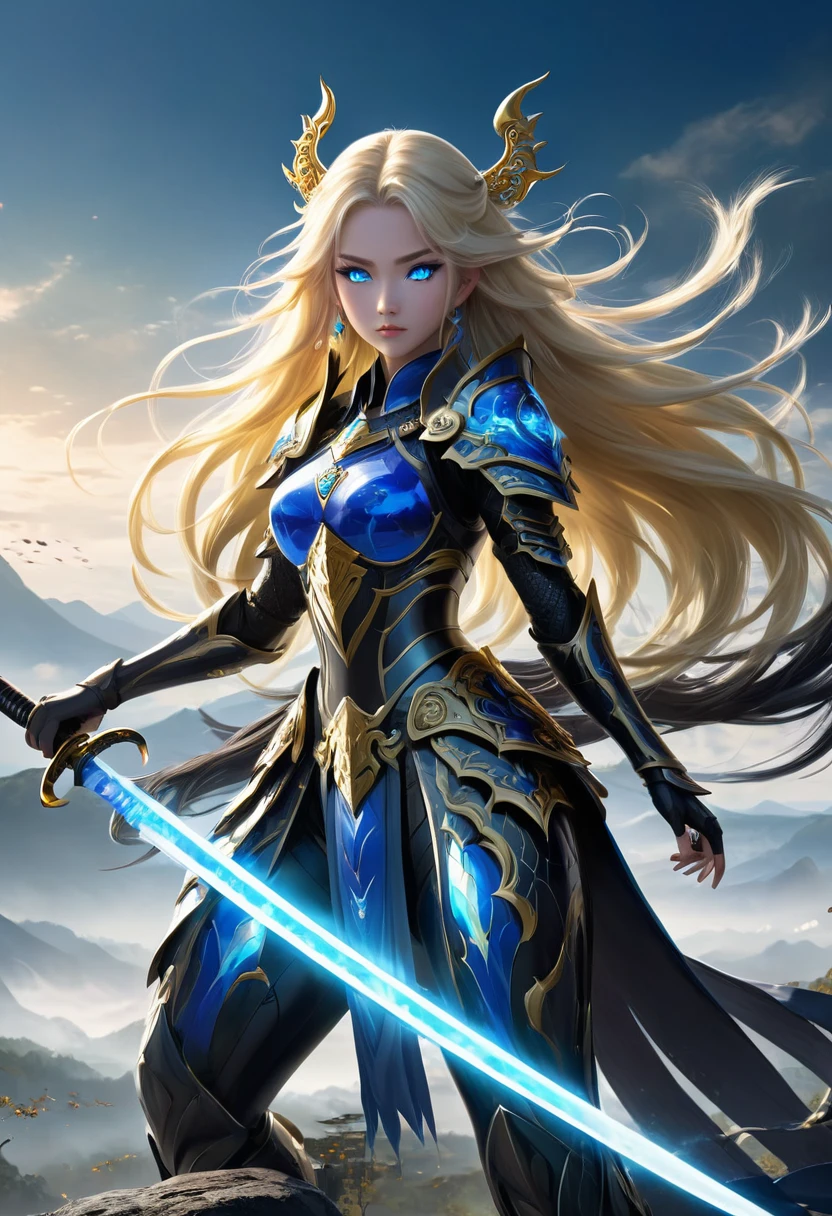a princess with black and gold sumai armor, shougan armor, holding a long katana, glassy blue glowing eyes, blonde long hair, fighting with many monsters, epic, landscape view