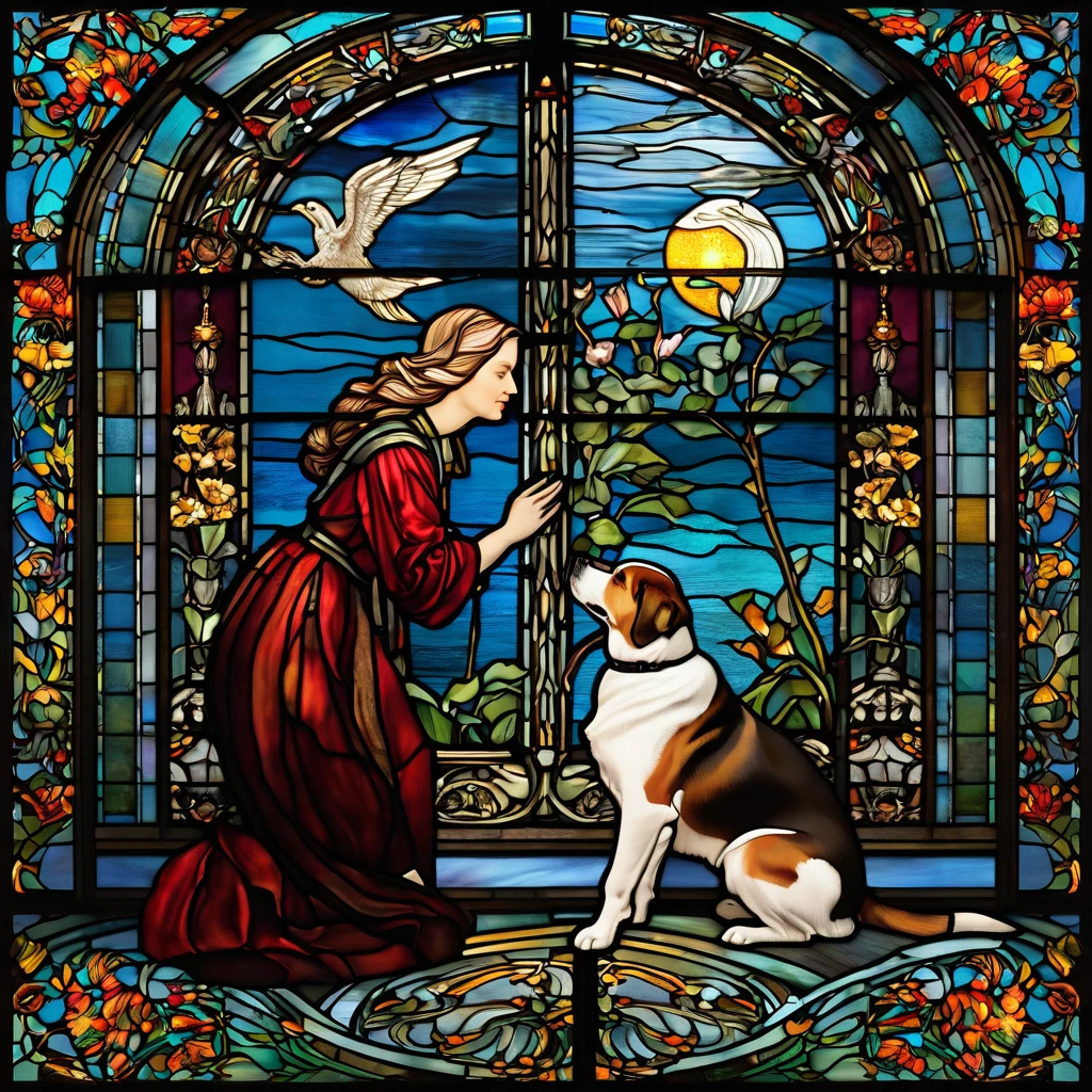 a close up of a stained glass window with a dog and a woman, masterpiece stained glass, stained glass art, by Meredith Dillman, stained glass tarot style, on a stained glass window, stained glass style, full color digital illustration, maxim verehin stained glass, stained”, triumphant, stained glass, inspired by Master of Saint Giles, martin ansin