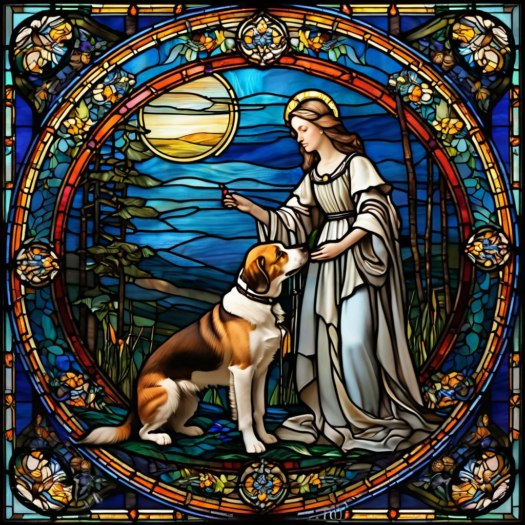 a close up of a stained glass window with a dog and a woman, masterpiece stained glass, stained glass art, by Meredith Dillman, stained glass tarot style, on a stained glass window, stained glass style, full color digital illustration, maxim verehin stained glass, stained”, triumphant, stained glass, inspired by Master of Saint Giles, martin ansin