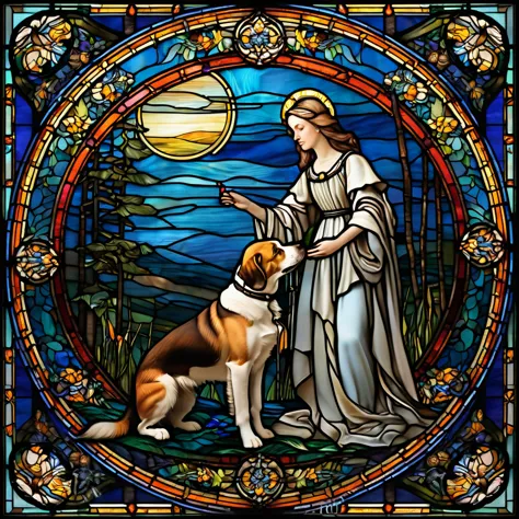 a close up of a stained glass window with a dog and a woman, masterpiece stained glass, stained glass art, by Meredith Dillman, ...