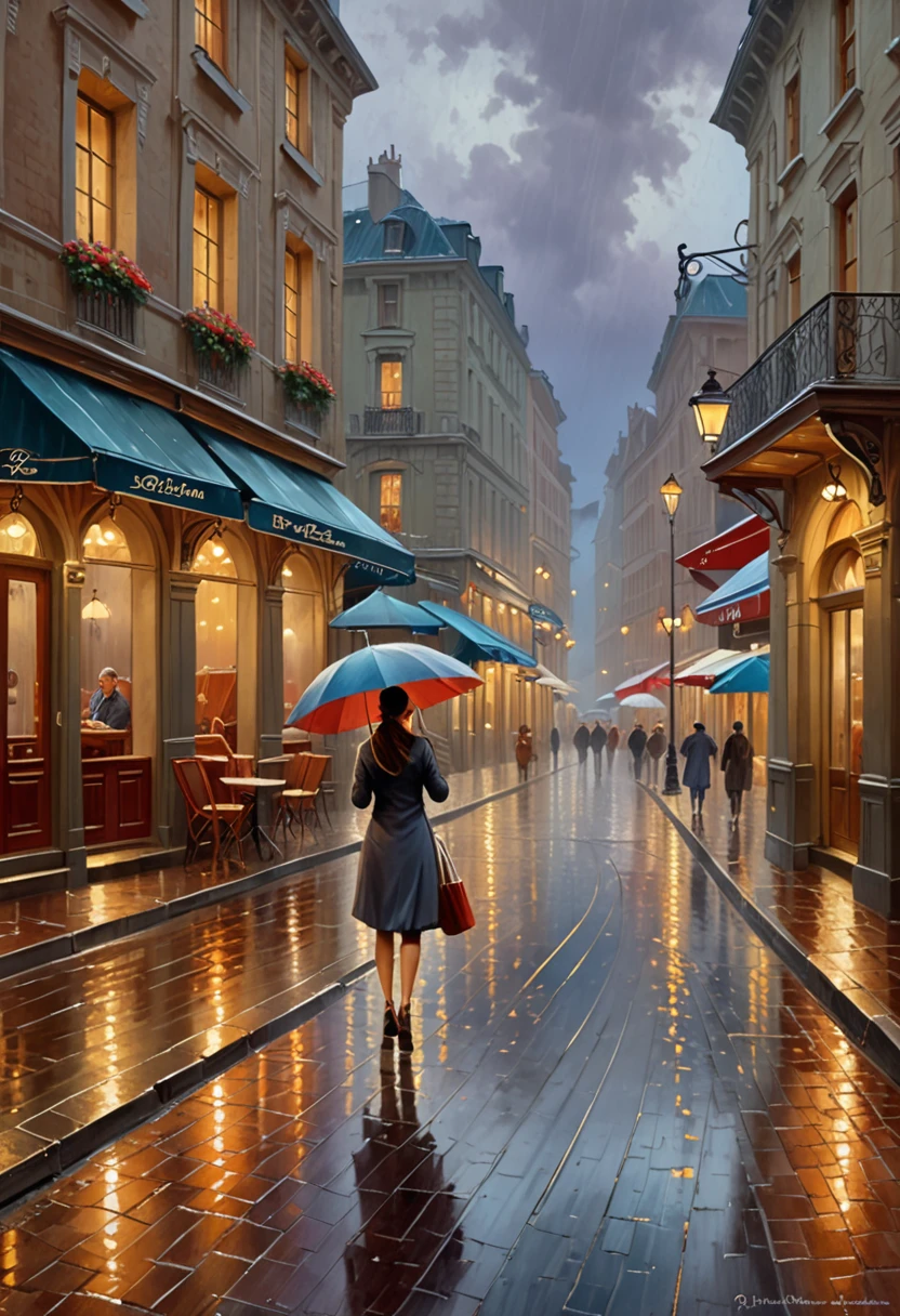 painting of a woman walking down a street with an umbrella, rainy evening, tomas kinkade, in the rain in the early evening, rainy scene, raining outside the cafe, by Antoine Blanchard, rainy atmosphere, dmitry spiros, rainy afternoon, at evening during rain, thomas kinkade cfg _ scale 8, thomas kinkade cfg _ scale 9