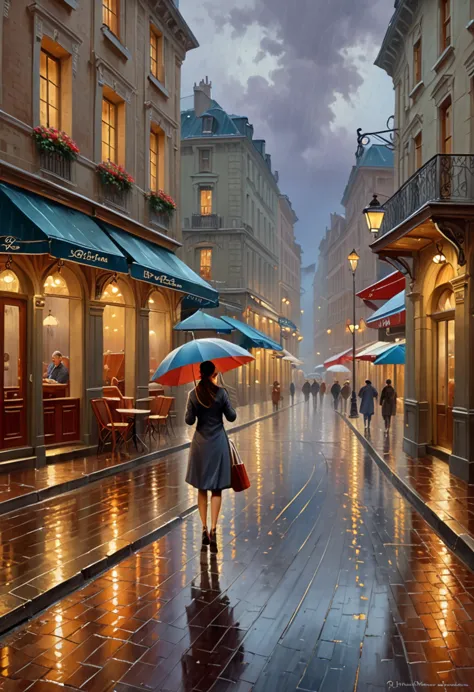 painting of a woman walking down a street with an umbrella, rainy evening, tomas kinkade, in the rain in the early evening, rain...