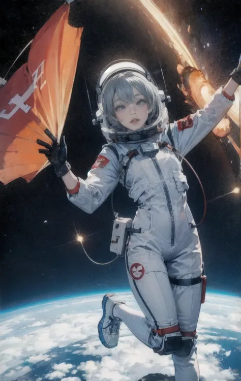 Teen,Small breasts,Spacesuit:orange_clothing_body:Jumpsuit),white_gloves, white_Space shoes, white_Helmet, the CCCP 赤 letters on...