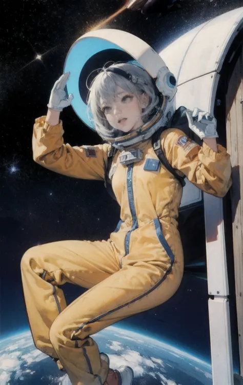 Teen,Small breasts,Spacesuit:orange_clothing_body:Jumpsuit),white_gloves, white_Space shoes, white_Helmet, the CCCP 赤 letters on...