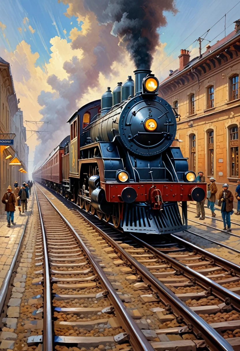 painting of a train on a track with people walking on the tracks, a fine art painting by Grzegorz Domaradzki, trending on Artstation, post-impressionism, intricate oil painting artwork, andrey gordeev, dmitry spiros, tomas kinkade, beautiful artwork, extremly detailed oil painting, james gurney painting style