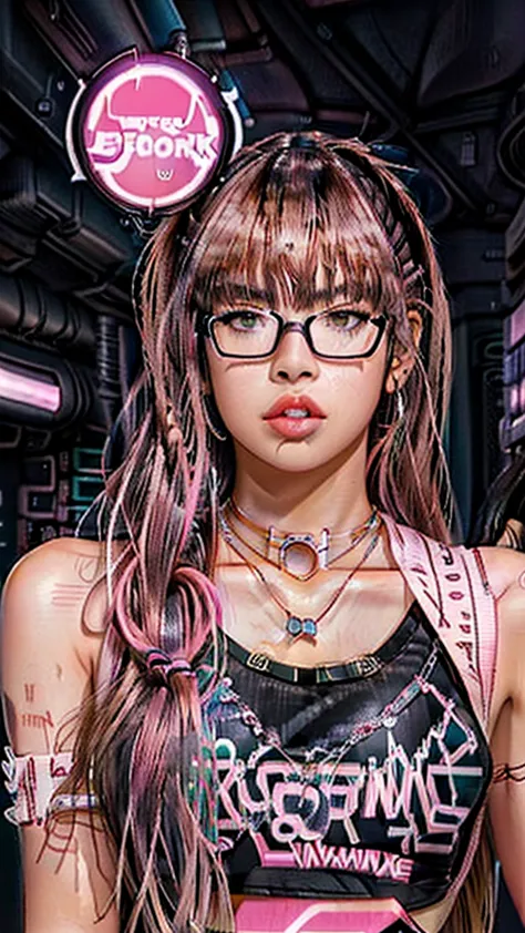 1 woman,cowboy shot,anime, ((((lisa blackpink))), cyber punk ,a woman with glasses and a necklace on her neck, brown skin,bella ...