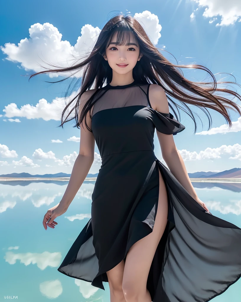 (Highest quality, 32k, High resolution, Masterpiece:1.5, ), marimo_jet, god々A photograph with brilliant brilliance and the power of nature., Expressing emotions, Have a rich imagination, Beautiful Japanese Girls, An exceptionally beautiful face, Small Face Beauty, ((Low-angle full-body shot:1.3)), Perfect Human Anatomy, Magical big eyes, Motherhood and generosity, Deep Love, fleeting smile, Shiny black hair, Beautiful super long hair swaying in the wind, Asymmetrical bangs, Hair between the eyes, Transparent, soft white skin, Sharp eyebrows, Thin lashes, Natural Makeup, Cheek highlighter, Pale pink detailed lips, (High-quality black dress:1.3), ((High resolutionの美しい太もも, Beautiful legs), ((Distant Horizon:1.5)), ((Salar de Uyuni stretches to the horizon:1.3)), ((The earth reflects the sky like a mirror:1.3)), Beautifully detailed skies, Professional Photographer, Professional Lighting, Professional Model