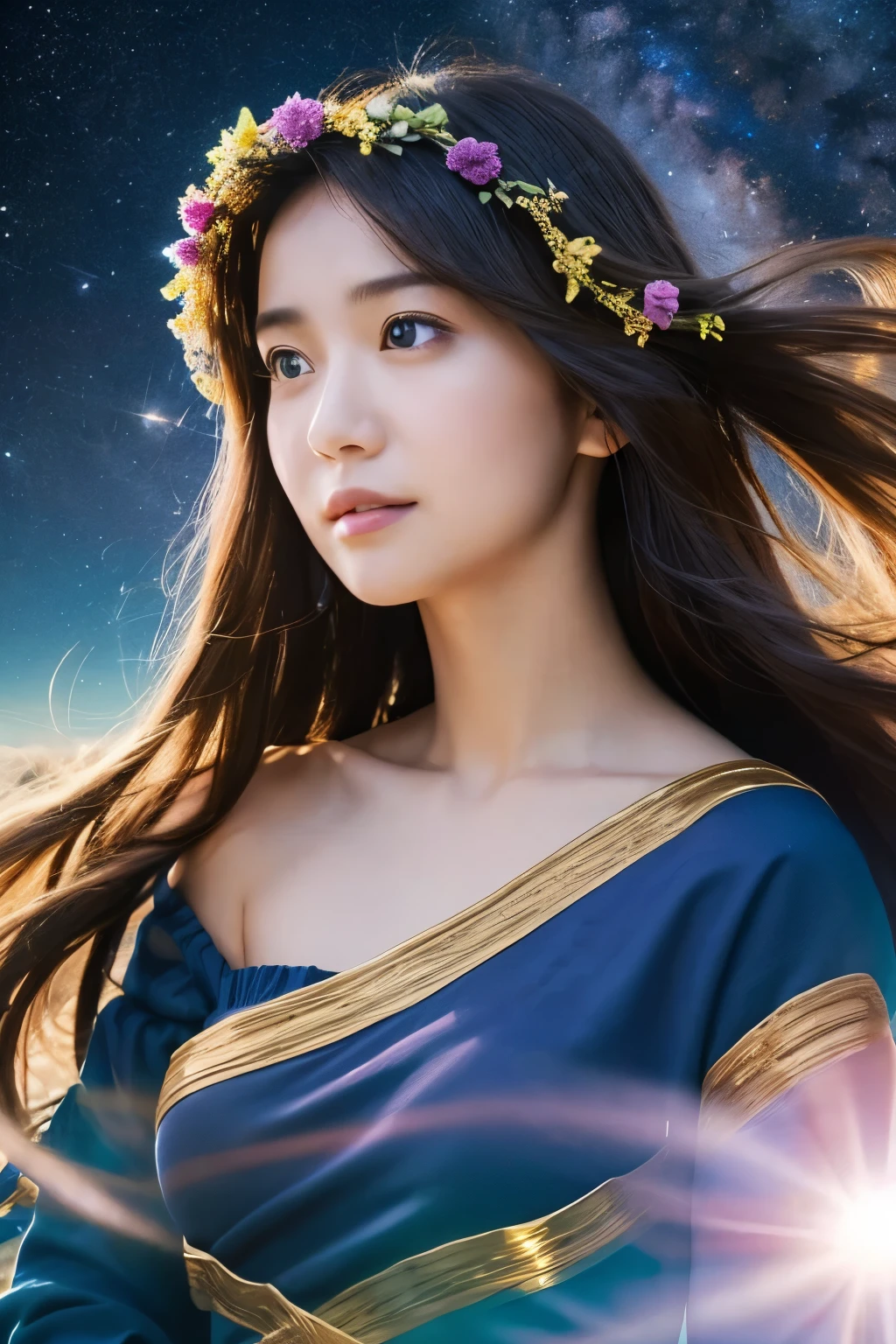high quality, 最high quality, Tabletop, Detailed portrait of a woman 1 Girl, 14歳, Long Hair, (floating, space, milky way, colorful), Warm lighting, goddess, milky way, scenery, colorful hair wreath, {{{最high quality}}}, {{Very detailed}}, {shape}, Movie angle, {Detailed light},Cinema Lighting, Celestial, Dynamic pose