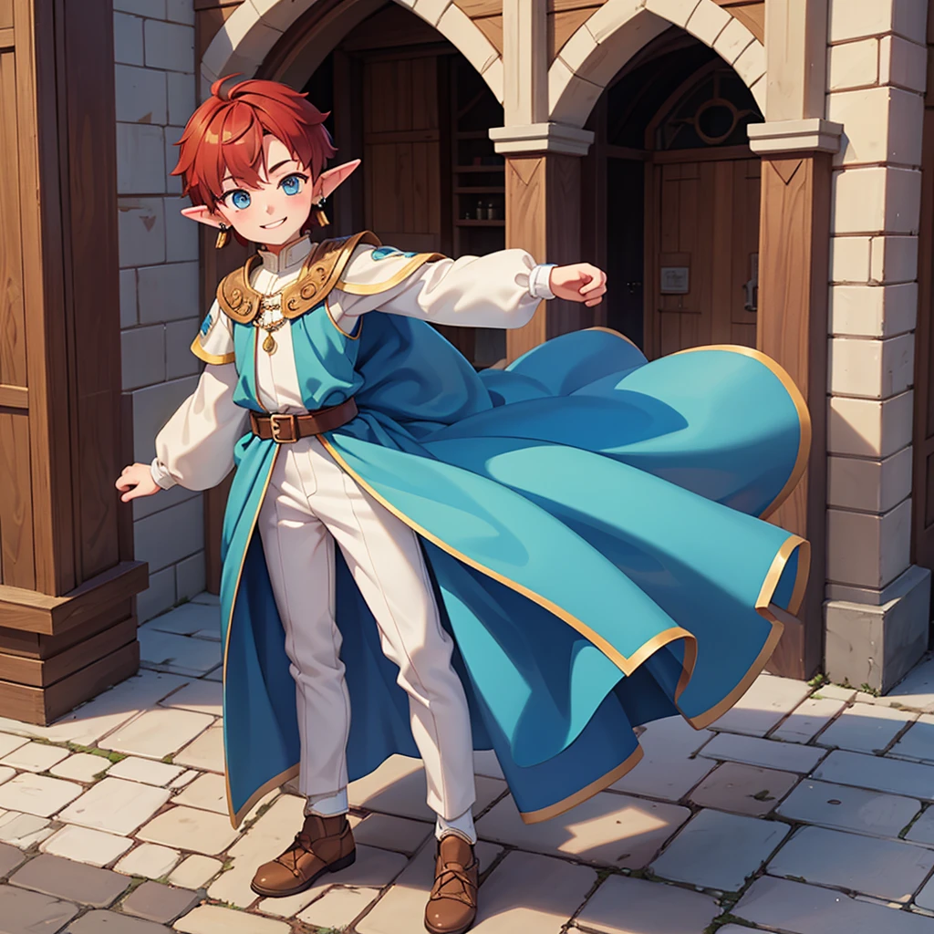 Beautiful, high quality, a  elf boy, 4'6 height, twink body, blue eyes, cute face, earrings, auburn hair, looking at the camera, smiling, wearing a boy  medieval style clothes, stand in a middle of street of medieval city
