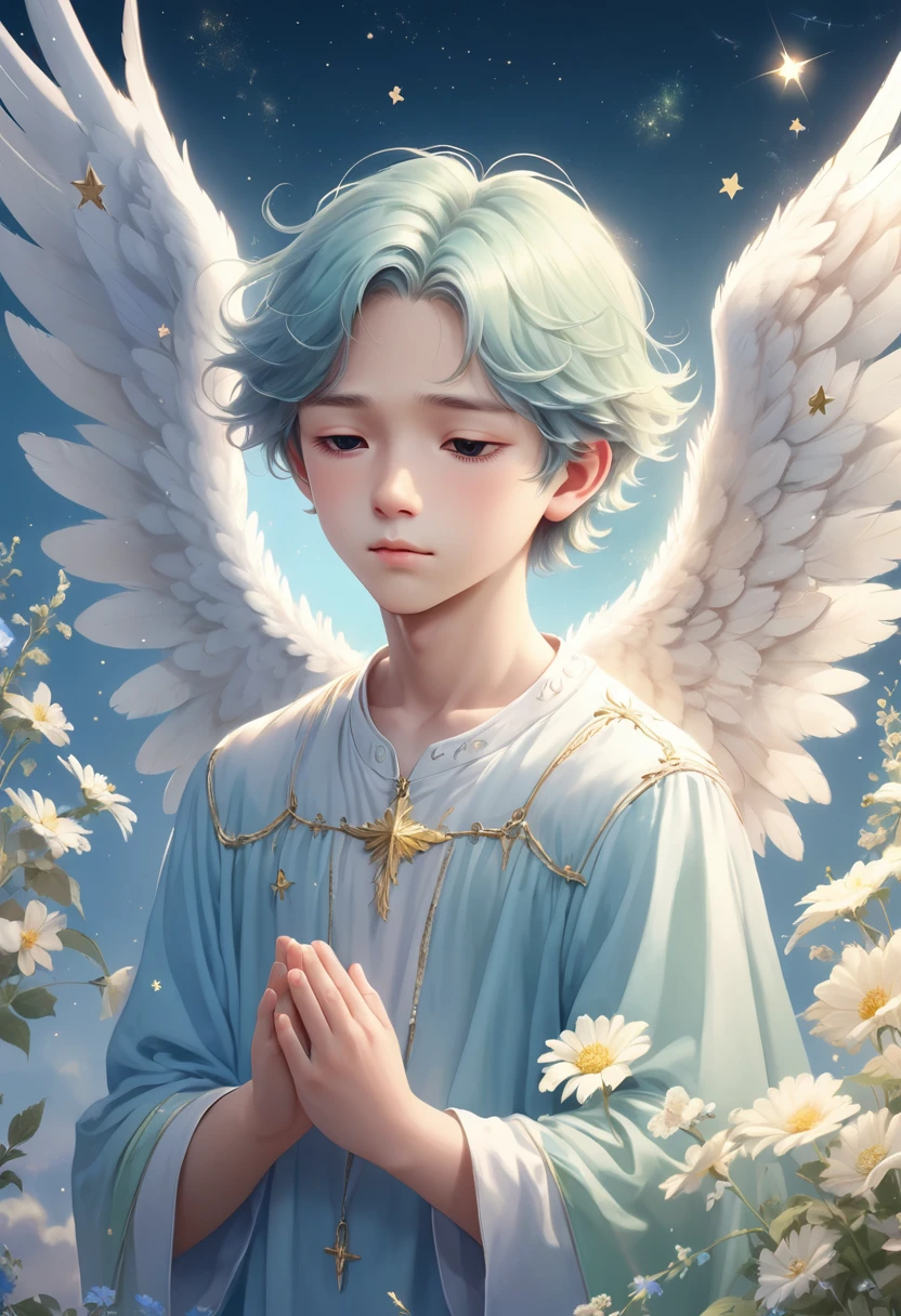 (best quality,4K,8K,high resolution,masterpiece:1.2),Extremely detailed,(Practical,photoPractical,photo-Practical:1.37),This boy is a beautiful angel、The hair is blue、Western-style face、Spread your wings gracefully。He closed his eyes、I feel a tranquil peace、The feathers glow、Dreamy flowers and stars are scattered around、Soft light comes in from there.....、Gradient of soft blue and pastel green on the background、The angel in the sky looks beautiful。