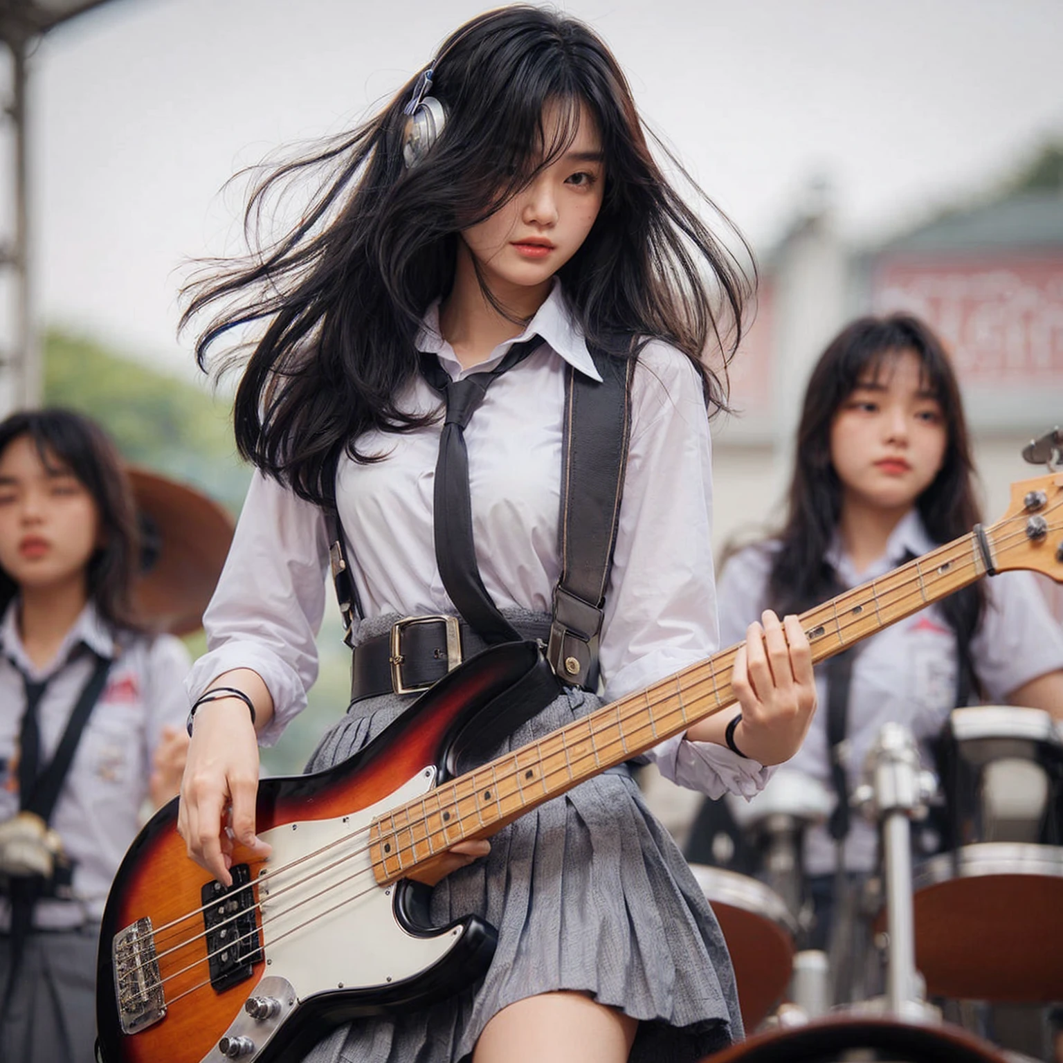 Here is the translation to English:

"A beautiful Korean girl, 18 years old, tall, fair-skinned, medium breasts, playing bass guitar, performing on a high school stage in Surabaya city, many school children watching, wearing a high , white shirt, belt, and gray skirt, jumping around, headbanging, masterpiece, realistic image, HD, 4k, detailed face, detailed eyes, messy hairstyle"