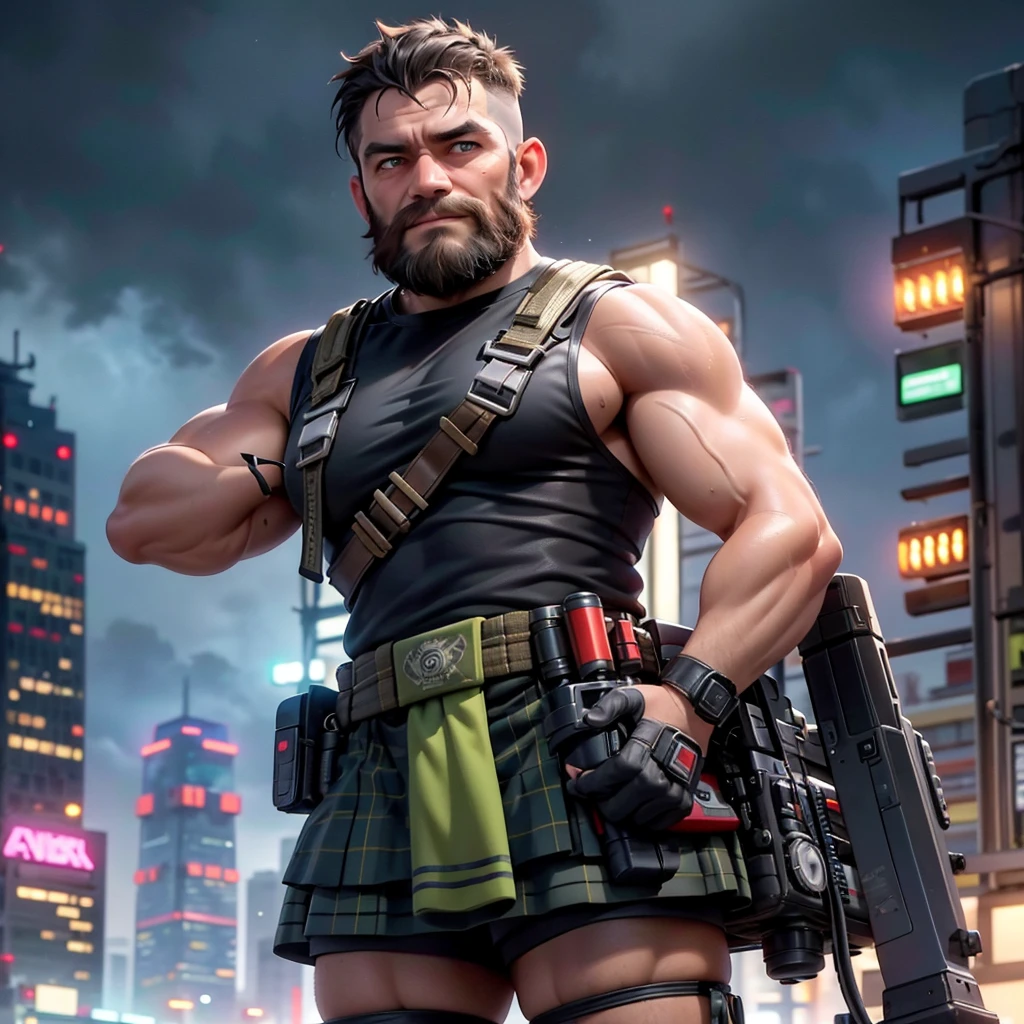 Ultra-realistic RAW portrait of a traditional Scottish man, very hairy, with a large brown beard and short hair in a military-style cut, reimagined in a cyberpunk setting. He is wearing futuristic Scottish Highland attire, including a kilt with neon accents and synthetic animal hide, and is playing a high-tech bagpipe with glowing components. The scene is set on a high, muddy mountain with neon-lit skyscrapers in the background under a cloudy and rainy sky. The man is muddy and looks weathered by the elements, with cybernetic enhancements visible on his body. The lighting should feature vibrant neon colors and dramatic contrasts to highlight the intricate details of his attire, the texture of his beard, and the futuristic environment. Photographed with a professional DSLR camera to capture fine details and depth.