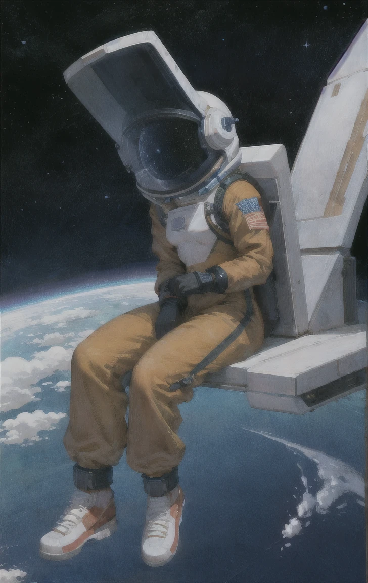 Teen,Small breasts,Spacesuit:orange_clothing_body:Jumpsuit),white_gloves, white_Space shoes, white_Helmet, the CCCP 赤 letters on the top of Helmet, no gravity, Side light, reflection, The person wearing the spacesuit is in the bottom left of the frame., Extending the right hand, My right hand gently touches the Salyut space station.), Space station in the top right of the screen, Reflection from the sun, silver metal,Red Flag, Shine,Soviet style, diffuse reflection, Metallic texture, The view is of the blue earth,mecha style,Sea of stars,Treble, growing up、Ukiyo-e style background、、bondage、Female orgasm、she&#39;Reach orgasm and be incontinent.Crouching posture、Work in space、Welding or working with power tools、Costumes that dig into the crotch、Pee、Be incontinent、Thick body fluids、squat、Spread your legs、Crouching posture、Large Breasts