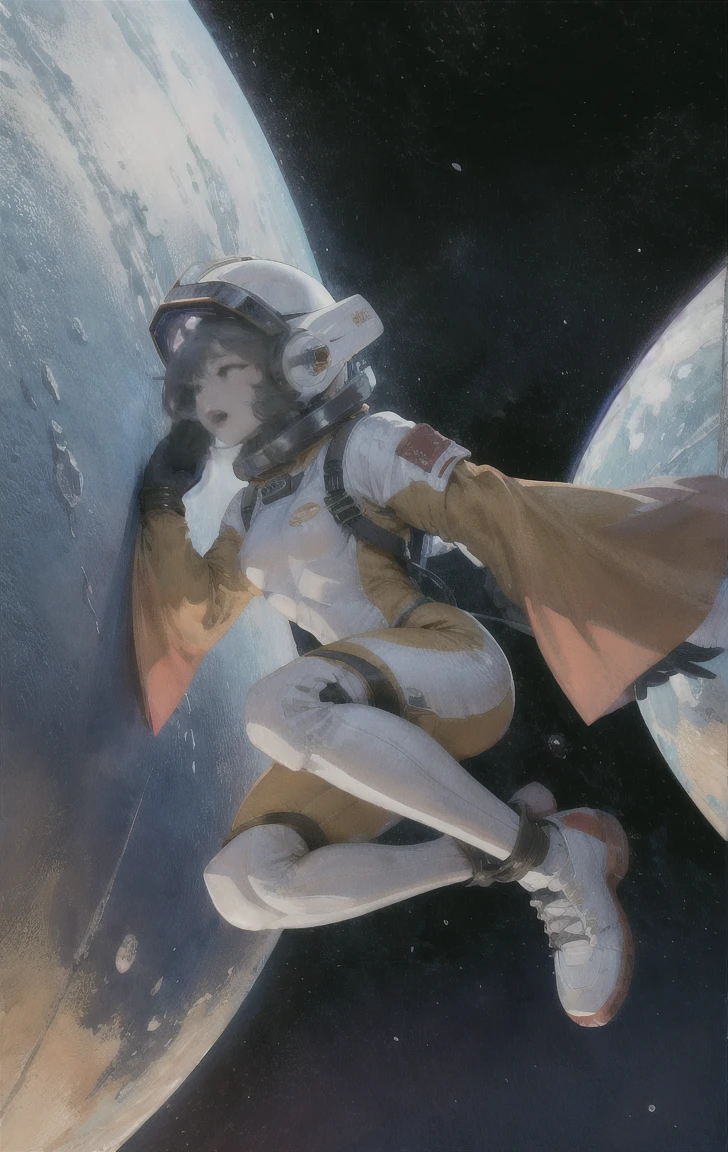 Teen,Small breasts,Spacesuit:orange_clothing_body:Jumpsuit),white_gloves, white_Space shoes, white_Helmet, the CCCP 赤 letters on the top of Helmet, no gravity, Side light, reflection, The person wearing the spacesuit is in the bottom left of the frame., Extending the right hand, My right hand gently touches the Salyut space station.), Space station in the top right of the screen, Reflection from the sun, silver metal,Red Flag, Shine,Soviet style, diffuse reflection, Metallic texture, The view is of the blue earth,mecha style,Sea of stars,Treble, growing up、Ukiyo-e style background、、bondage、Female orgasm、she&#39;Reach orgasm and be incontinent.Crouching posture、Work in space、Welding or working with power tools、Costumes that dig into the crotch、Pee、Be incontinent、Thick body fluids、squat、Spread your legs、Crouching posture、Large Breasts