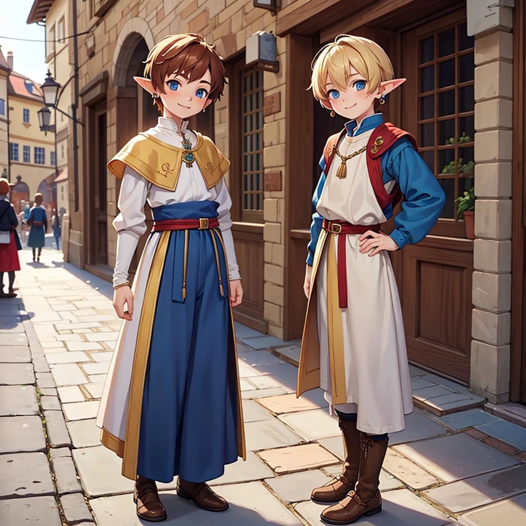 Beautiful, high quality, a  elf boy, 4'6 height, twink body, blue eyes, blonde, cute face, earrings, auburn hair, looking at the camera, smiling, wearing a boy medieval style clothes, stand in a middle of street of medieval city