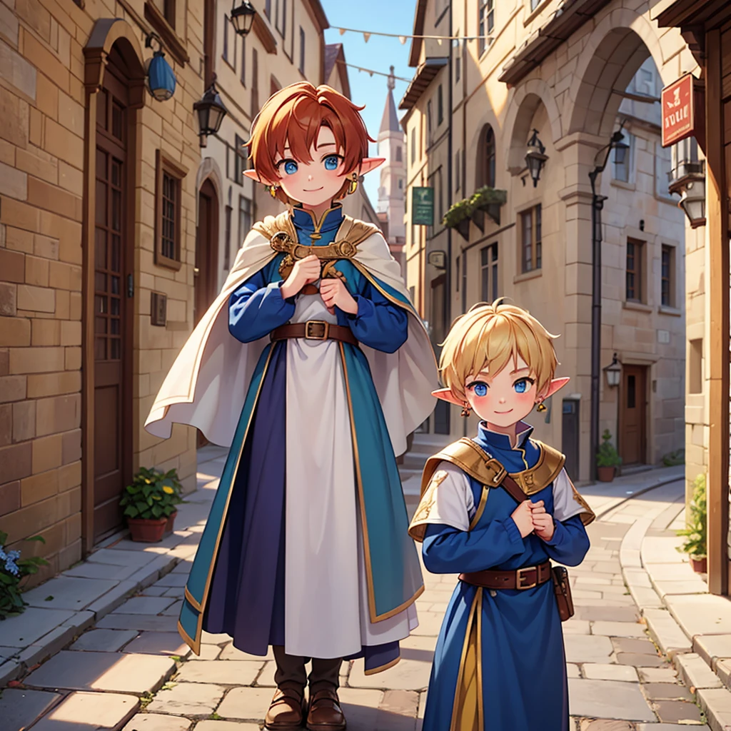 Beautiful, high quality, a 14 years old elf boy, 4'6 height, twink body, blue eyes, blonde, cute face, earrings, auburn hair, looking at the camera, smiling, wearing a boy medieval style clothes, stand in a middle of street of medieval city