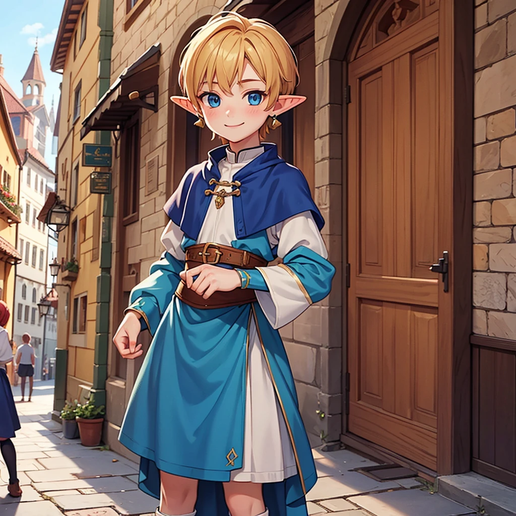 Beautiful, high quality, a  elf boy, 4'6 height, twink body, blue eyes, blonde, cute face, earrings, auburn hair, looking at the camera, smiling, wearing a boy medieval style clothes, stand in a middle of street of medieval city