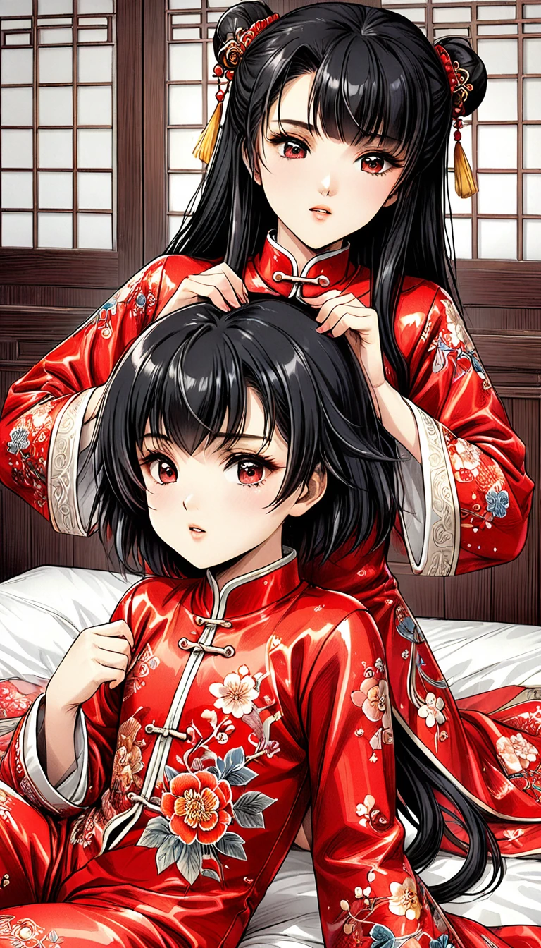 A tragic historical drama in 8k live-action style: Beautiful palace secrets　A beautiful 10-year-old Chinese Kung Fu princess with long black hair is being examined by a doctor　Gorgeous embroidery, Ultra glossy, She is wearing a shiny red top and bottom long sleeve floral pajama kung fu suit....　　She lies on a floral duvet and shows her pussy to the doctor