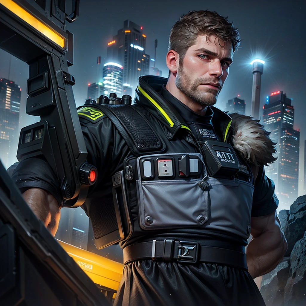 Ultra-realistic RAW portrait of a traditional Scottish man, very hairy, with a large brown beard and short hair in a military-style cut, reimagined in a cyberpunk setting. He is wearing futuristic Scottish Highland attire, including a kilt with neon accents and synthetic animal hide, and is playing a high-tech bagpipe with glowing components. The scene is set on a high, muddy mountain with neon-lit skyscrapers in the background under a cloudy and rainy sky. The man is muddy and looks weathered by the elements, with cybernetic enhancements visible on his body. The lighting should feature vibrant neon colors and dramatic contrasts to highlight the intricate details of his attire, the texture of his beard, and the futuristic environment. Photographed with a professional DSLR camera to capture fine details and depth.