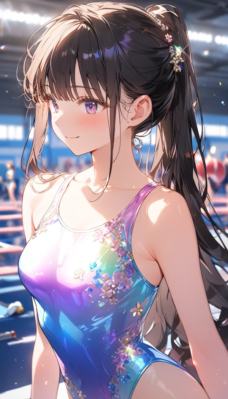 highquality illustration, masterpiece, very delicate and beautiful, attractive girl,(gymnastics leotard, Floral patterns leotard,long sleeve leotard with glittery decoration,high_leg leotard,athletic leotard,tight-fit leotard,iridescent gradient leotard,long-sleeve leotard),thin,slender body,slim,high school,gymnasium background,gymnastics club,gymnastics athlete,princess, beautiful eyes,light smile,(masterpiece, best quality:1.2), highres, extremely detailed CG unity 8k wallpaper, perfect lighting, Colourful, ultra-high res,4K,ultra-detailed, photography, 8K, HDR, 17 ages, 